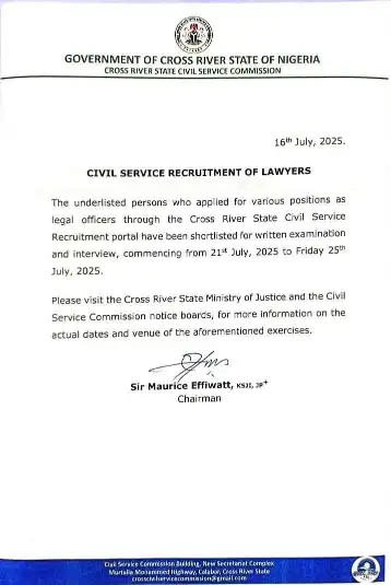 Cross River CSC Announces Recruitment Exams for Shortlisted Lawyers