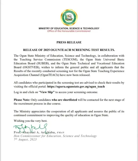 Ogun State Releases 2025 OgunTEACh Screening Test Results