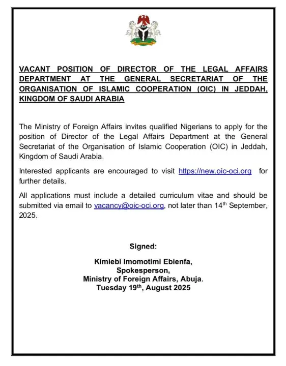 FG Calls for Nigerian Applicants for OIC Legal Affairs Director Role in Jeddah