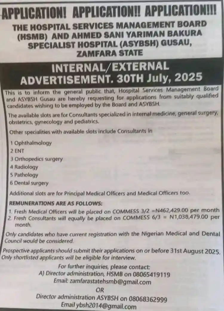 Hospital Services Management Board and ASYBSH Gusau Recruitment