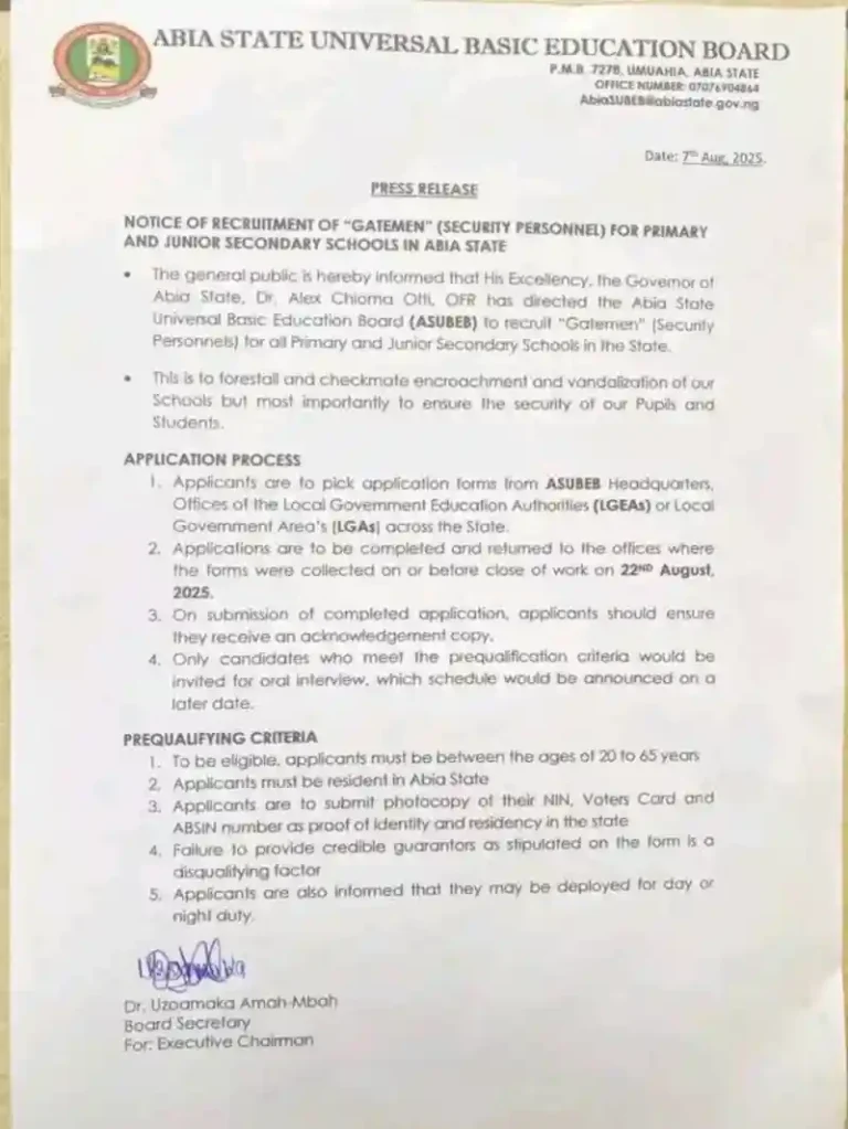 Abia State Recruitment of Gatemen for Primary/Junior Secondary