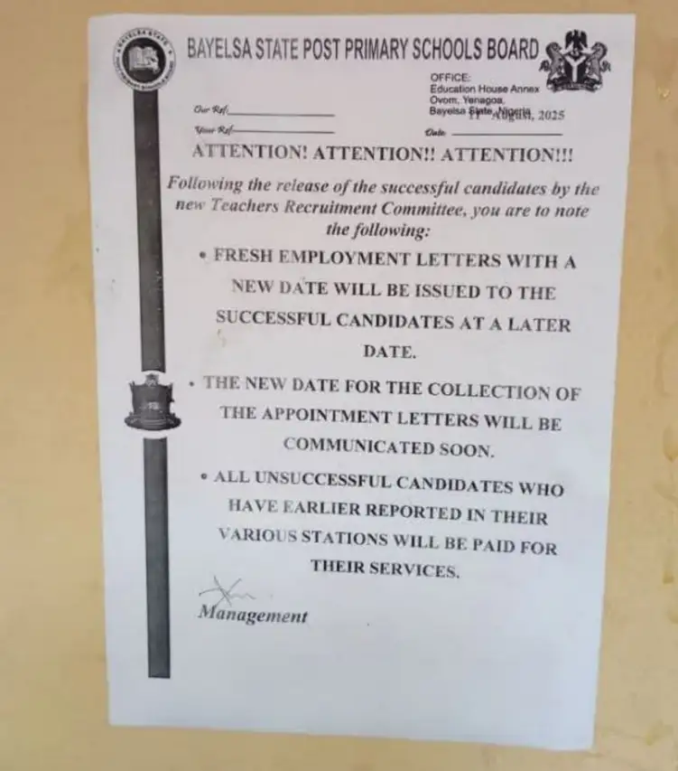 Bayelsa PPSB Sets New Date for Teachers Letters