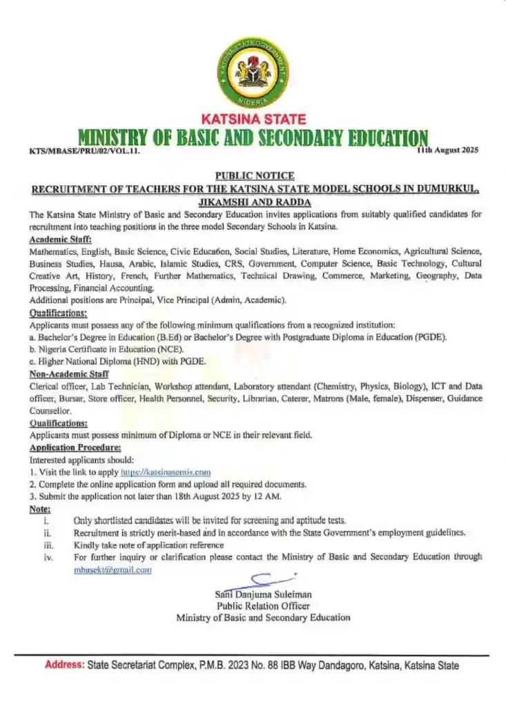 Katsina State Recruitment for Model Sec Schools in Dumurkul, Jikamshi, Radda