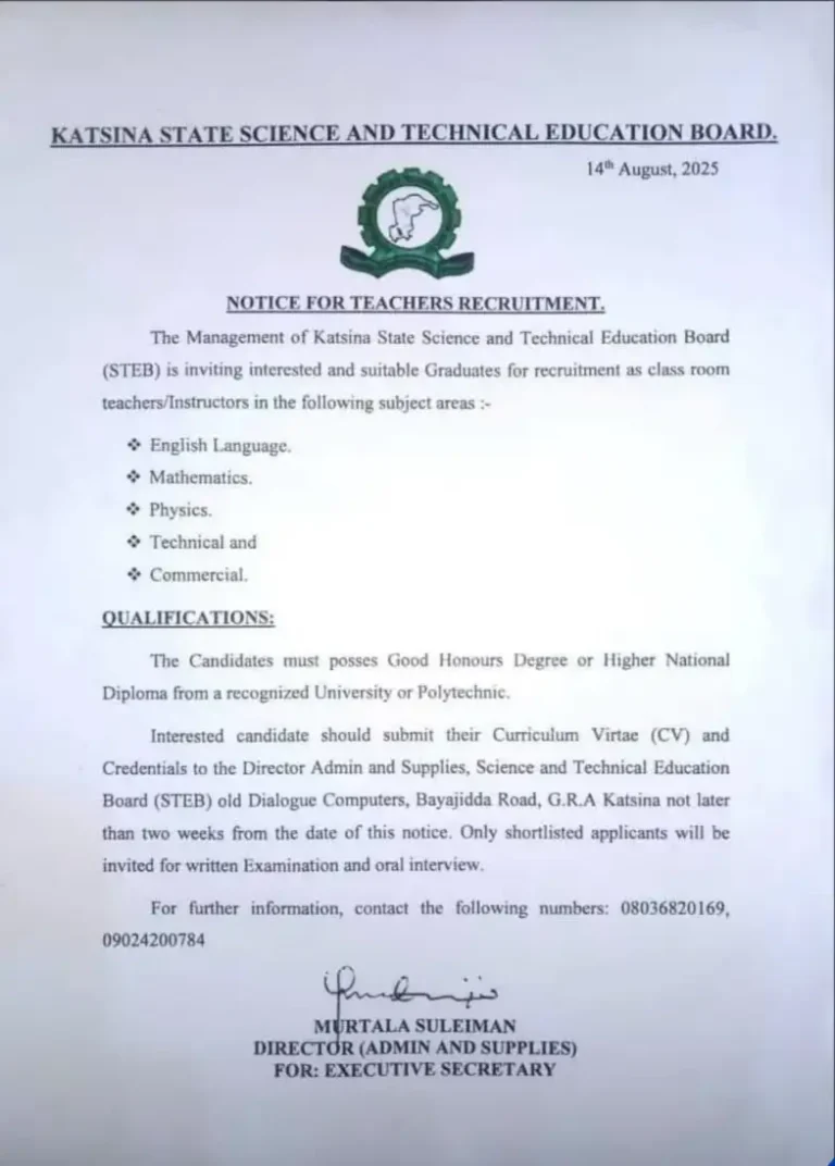 Katsina STEB Opens Recruitment for Teachers