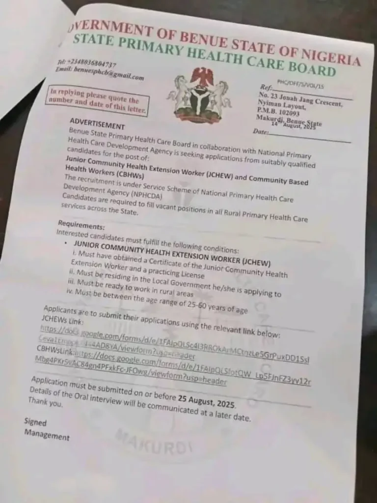 Benue State Opens Recruitment for JCHEWs and CBHWs Across 276 Wards