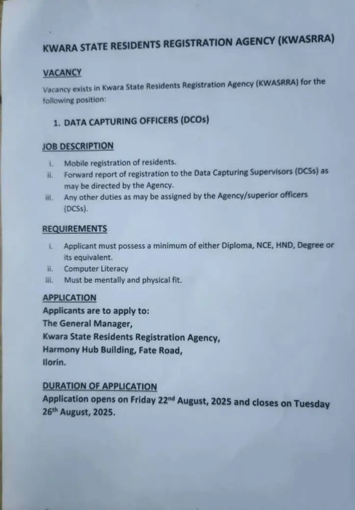 KWASRRA Announces Recruitment for Data Capturing Officers