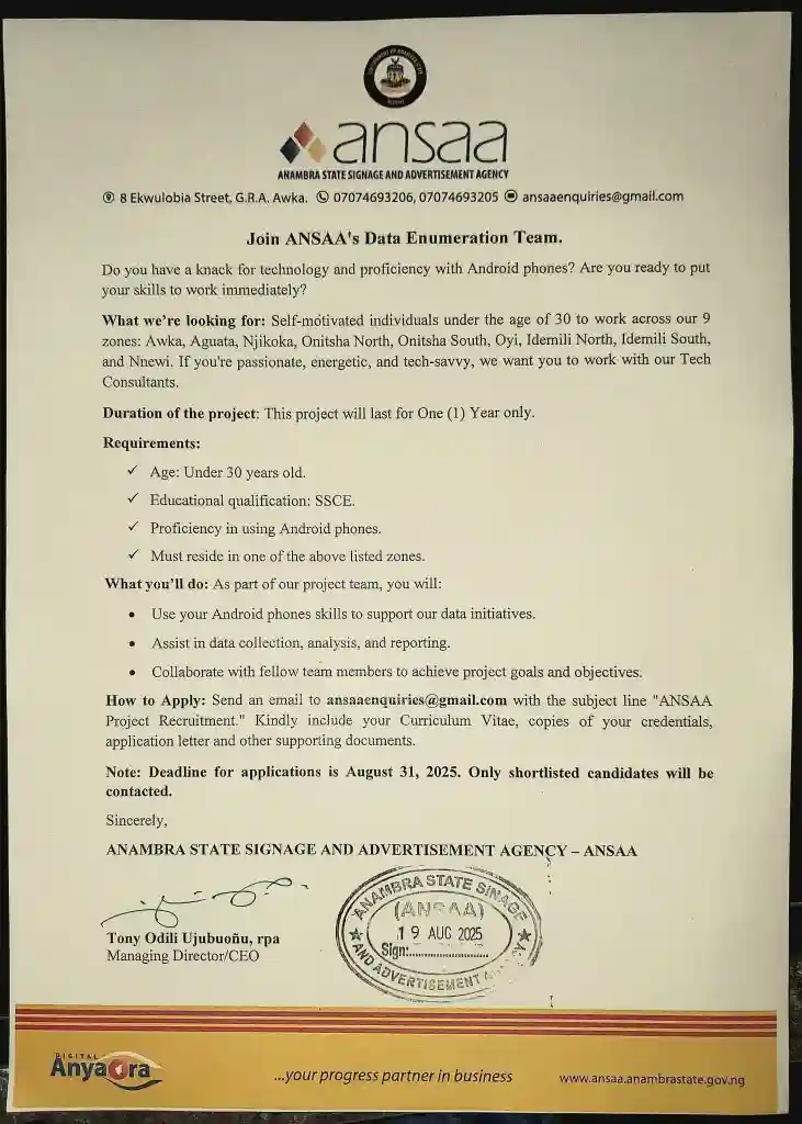Apply: ANSAA Launches Data Enumeration Recruitment in Anambra