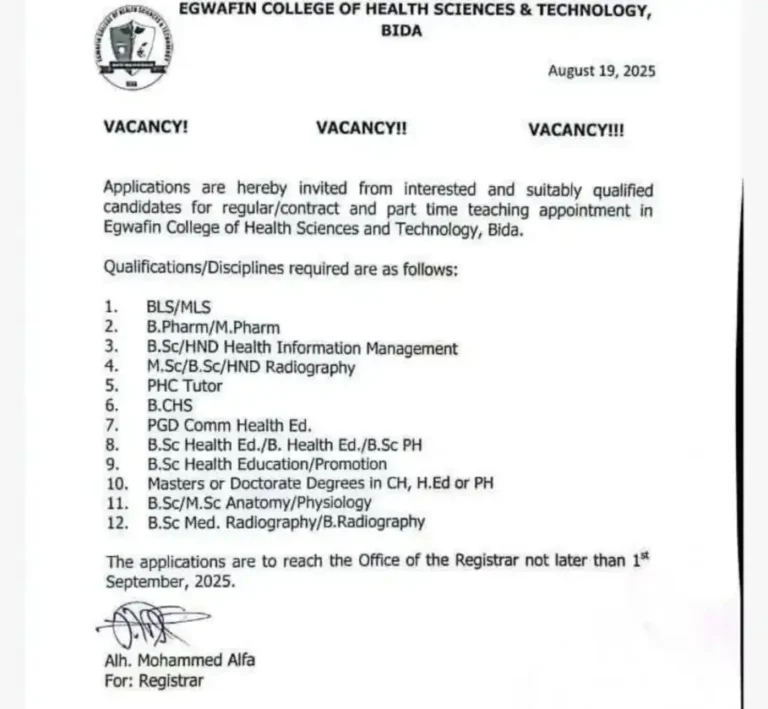 Egwafin College of Health Sciences and Tech Bida Announces Recruitment 2025
