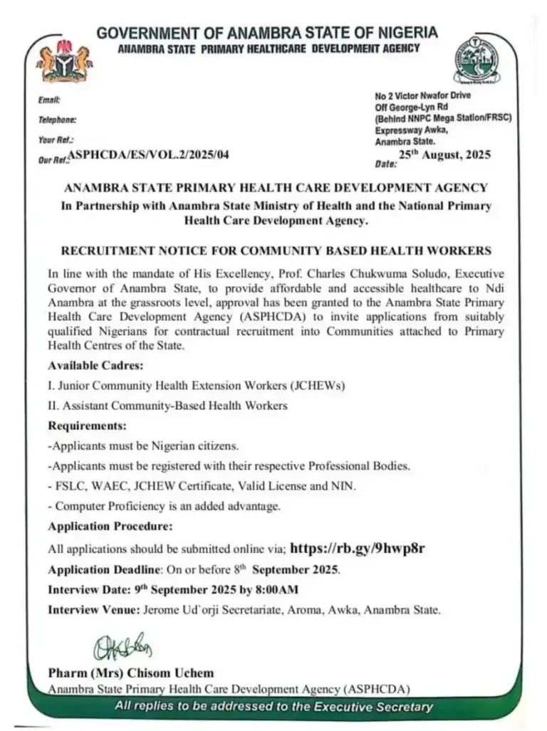 Anambra PHCDA Announces Recruitment of Community Based Health Workers 2025